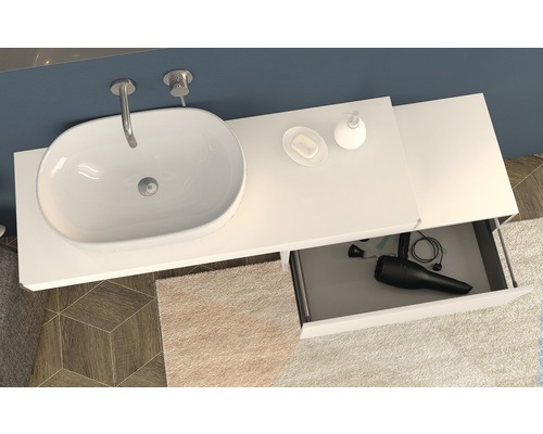 Waschtisch mit ovalem Aufsatzwaschbecken, Armatur, Seifenspender und offenem Schubfach