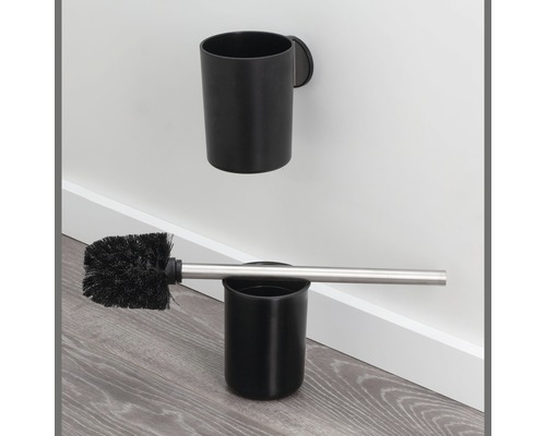 Garniture de WC noire avec brosse et support pour montage mural