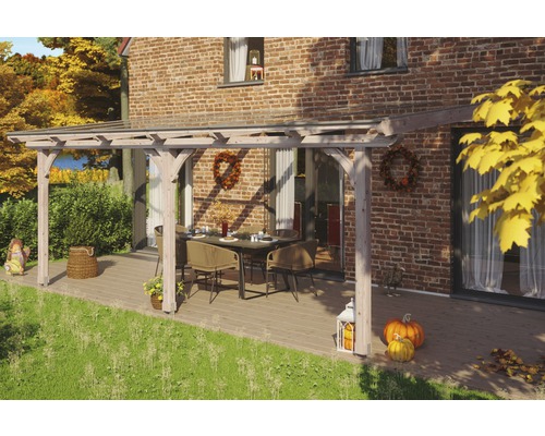 Toiture pour terrasses Rimini, 648x350 cm, pin Douglas Terrasse en bois couverte avec table et chaises devant une maison en briques