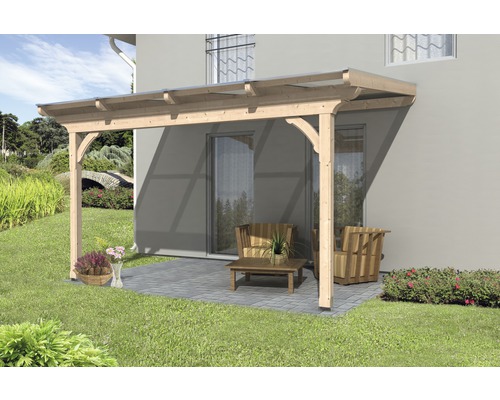 Toiture pour terrasses Ravenna, 434x350 cm, pin Douglas Auvent de terrasse en bois avec mobilier de jardin sur la terrasse