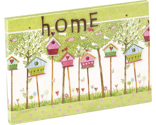 Schlüsselbrett mit Vogelhaus Design und dem Wort Zuhause
