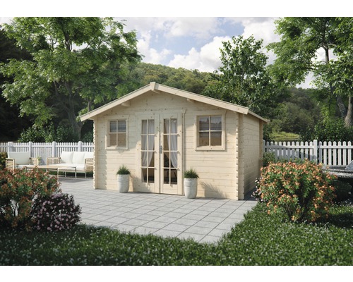 Abri en madriers Skanholz Bergen 45 mm avec sol, 380x280 cm, naturel Abri en madriers Skanholz Bergen 45 mm avec sol, 380x280 cm, naturel