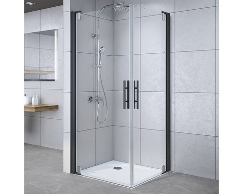 Eckdusche mit schwarzem Rahmen und Glastüren im Badezimmer