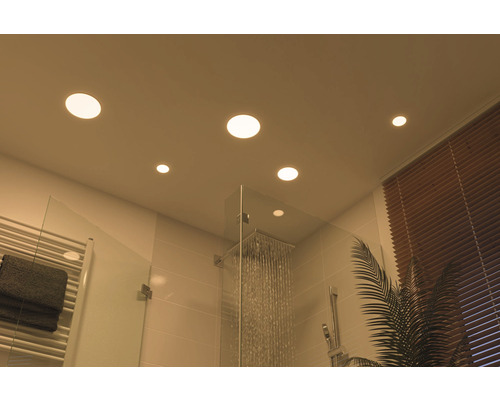 Moderne Badezimmerszene mit LED Einbaustrahlern in der Decke, Dusche mit Glaswand und Heizkörper.