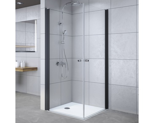 Douche accès d'angle Breuer Elana 90x90 cm en verre transparent, profilé couleur noire 0607031001017 Cabine de douche avec cadre noir et système de douche dans la salle de bain.