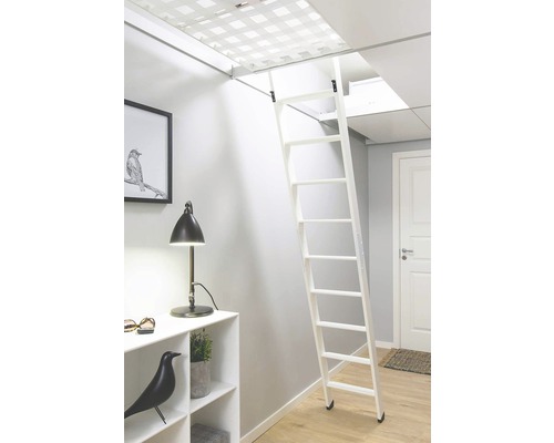 Escalier de grenier en métal dans une pièce lumineuse avec une décoration minimaliste.