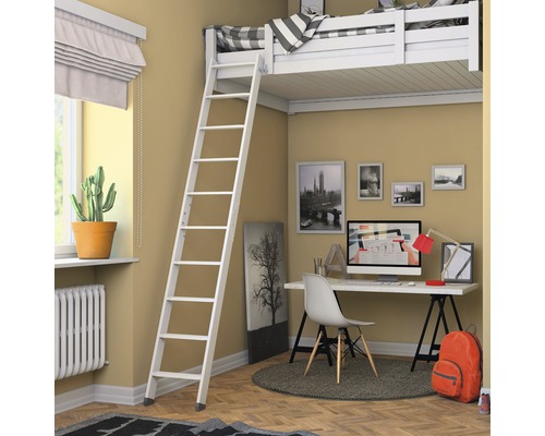 Lit mezzanine avec échelle et bureau dans une chambre