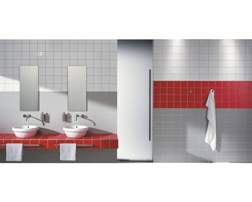 Badezimmer mit zwei Waschbecken, Spiegeln und Fliesen