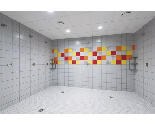 Heller Duschraum mit weißen Fliesen und farbigen Akzenten