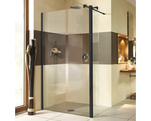 Douche plain-pied avec paroi en verre et cadre sombre dans une salle de bains.