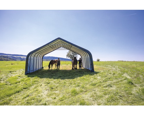 Abri pour chevaux dans un écrin de verdure avec deux chevaux et deux personnes.