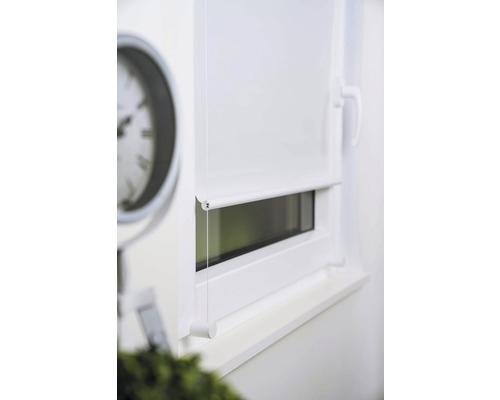 Store enrouleur blanc sur fenêtre avec cordon