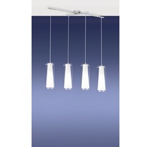 Vierflammige Pendelleuchte mit Glasschirmen und Metallschiene
