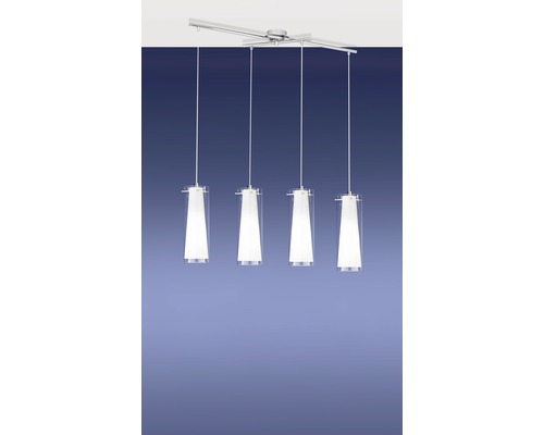Vierflammige Pendelleuchte mit Glasschirmen und Metallschiene