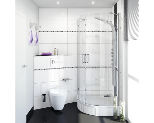 Modernes Badezimmer mit Dusche, Toilette und weißen Fliesen