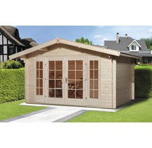 Abri de jardin en bois avec double porte et fenêtres dans le jardin