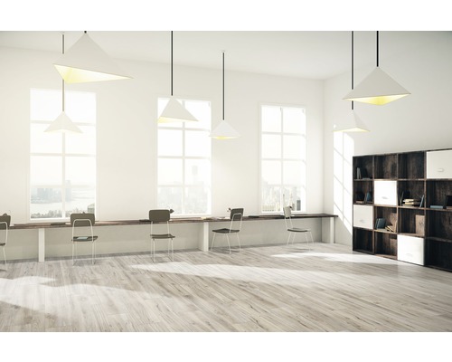 Pièce lumineuse avec parquet, bureau avec chaises et étagère