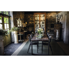 Salle à manger avec table, chaises, objets de décoration et ambiance historique