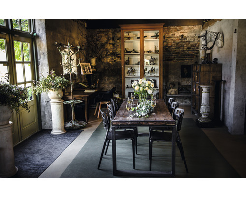 Salle à manger avec table, chaises, objets de décoration et ambiance historique