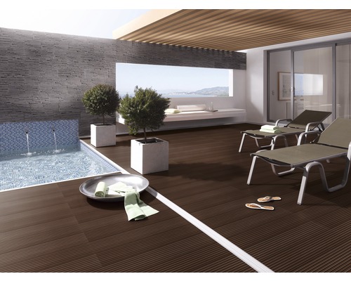 Terrasse avec piscine, chaises longues et bacs à plantes