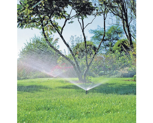Paysage de jardin avec arroseurs de pelouse en marche, irriguant la pelouse