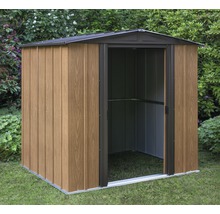 Abri de jardin spacieux avec porte ouverte dans le jardin.