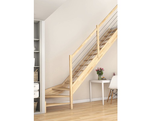 Escalier à limon latéral Pertura Elenie hêtre bois lamellé-collé sans contremarches 1/4 tournant en bas à droite 16 marches/17 pas de marche garde-corps à barres horizontales