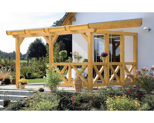 Paroi latérale croix de Saint-André 355 x 199 cm, blanche Pergola en bois sur la maison avec plantes et décoration