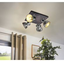 Spot de plafond acier/bois à 4 ampoules Lxl 450x450 mm Barnstaple marron-patine/noir-thumb-0