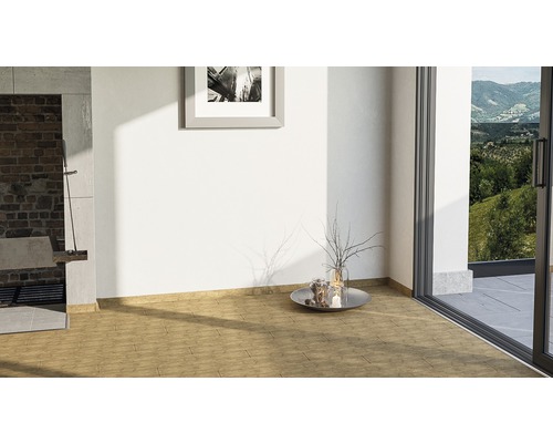 Innenraum mit Fliesenboden, Grill und Schiebetür