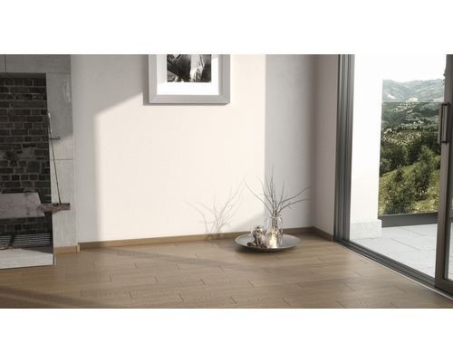 Pièce lumineuse avec parquet, cheminée et vue sur la verdure