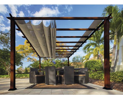 Pergola en aluminium, pavillon Florenz 11x16 avec voile d’ombrage réglable 350 x 505 cm Cocoa marron foncé-0