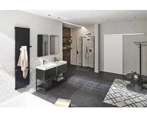 Modernes Badezimmer mit Dusche, Waschbecken und Heizkörper