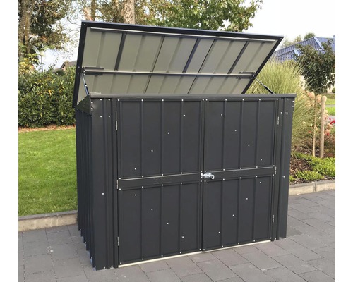 Mülltonnenbox mit geöffnetem Deckel im Aussenbereich