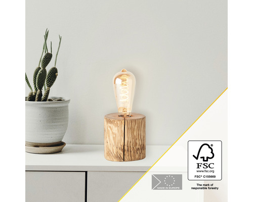 Lampe de table 1 ampoule HxØ 10x10 cm Trabo pin teintée avec interrupteur à câble Lampe de table en bois avec ampoule et label FSC pour une gestion forestière responsable