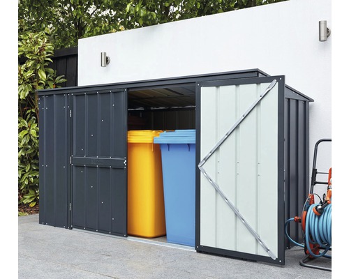 Mülltonnenbox aus Metall mit zwei Mülltonnen