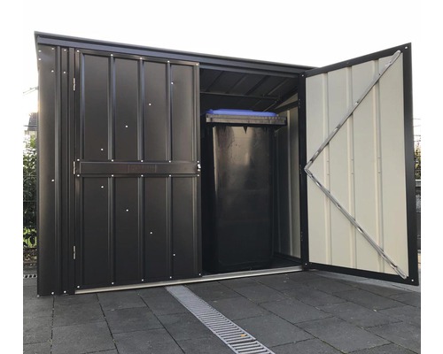 Mülltonnenbox mit einer offenen Tür und einer Mülltonne
