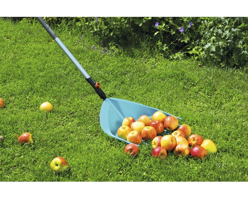 Ramasse-fruits avec des pommes sur une pelouse