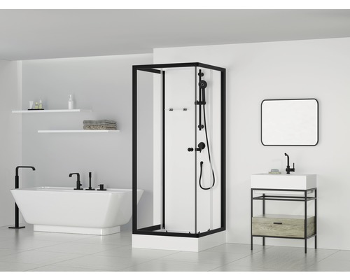 Douche accès d'angle Aurlane Multi Place 80 x 80 cm couleur du profilé noir verre transparent