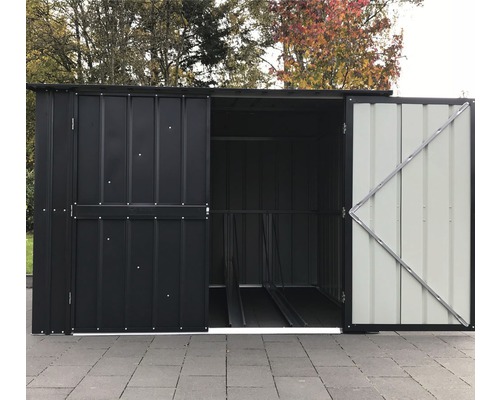 Abri de jardin métallique avec porte coulissante et porte battante