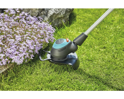 Rasentrimmer im Einsatz neben Blumenbeet