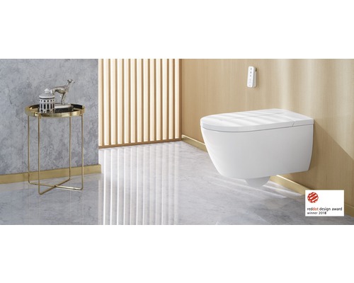 Szene mit Wand-Tiefspülklosett, Beistelltisch und Red Dot Design Award 2018