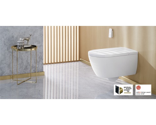 Modernes Badezimmer mit wandhängendem Dusch-WC, Beistelltisch und Dekorationsartikeln.