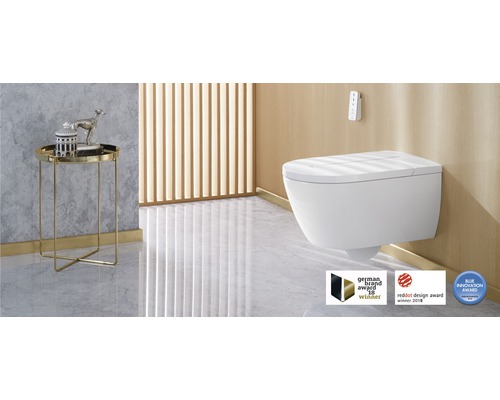 Modernes Badezimmer mit wandhängendem WC und Beistelltisch