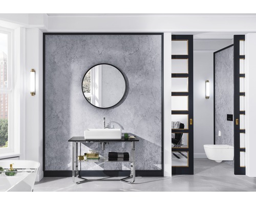 Modernes Badezimmer mit Waschtisch, Spiegel und Schiebetür