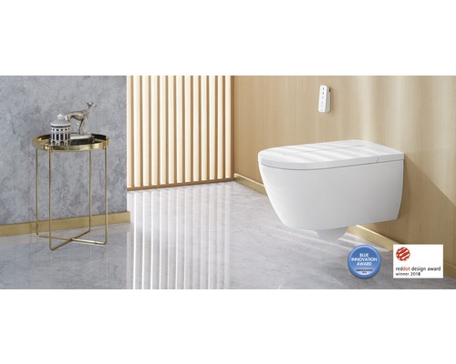 Modernes Badezimmer mit wandhängendem Dusch-WC und Beistelltisch