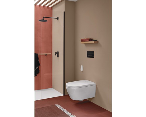 Modernes Badezimmer mit Dusche und wandhängendem Dusch-WC