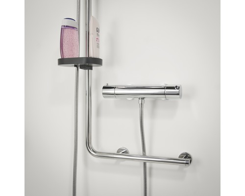 Barre de douche avec étagère et mitigeur thermostatique dans la salle de bain