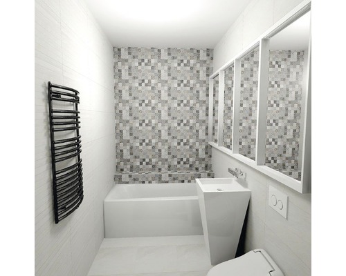 Salle de bain moderne avec baignoire, lavabo, sèche-serviettes et carreaux de mosaïque