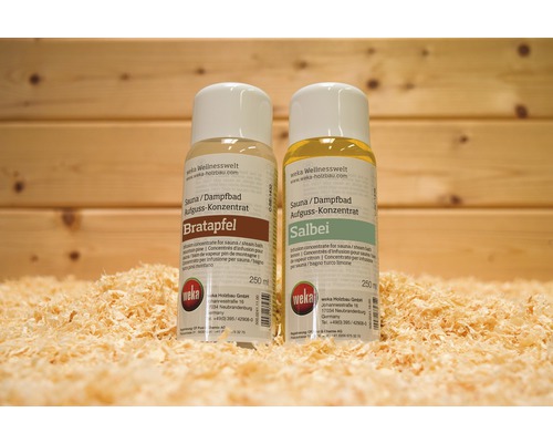 Kit cadeau Weka « Sensation de parfums », lot avantageux de 2 à 250 ml Deux bouteilles de concentré pour sauna, parfum pomme au four et sauge